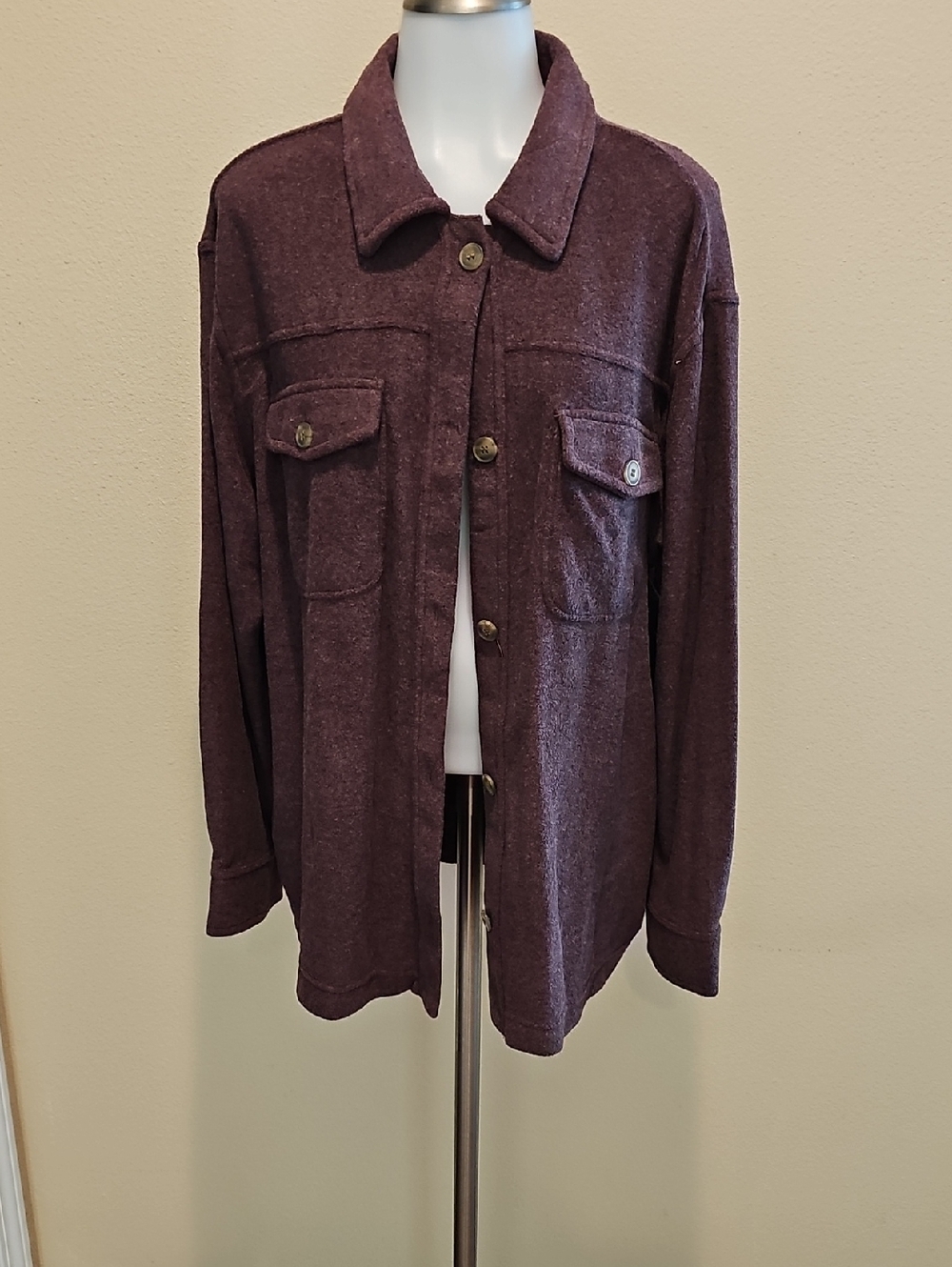Plum Button-Front Shacket with Chest Pockets